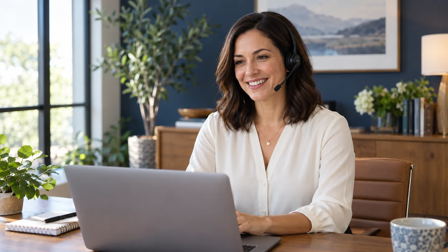 Illustrative call assistance representative wearing a headset