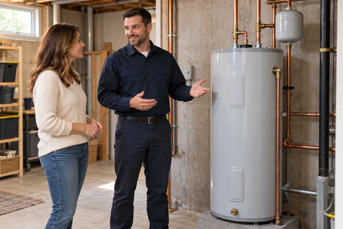 A homeowner discussing a tank water heater with a professional