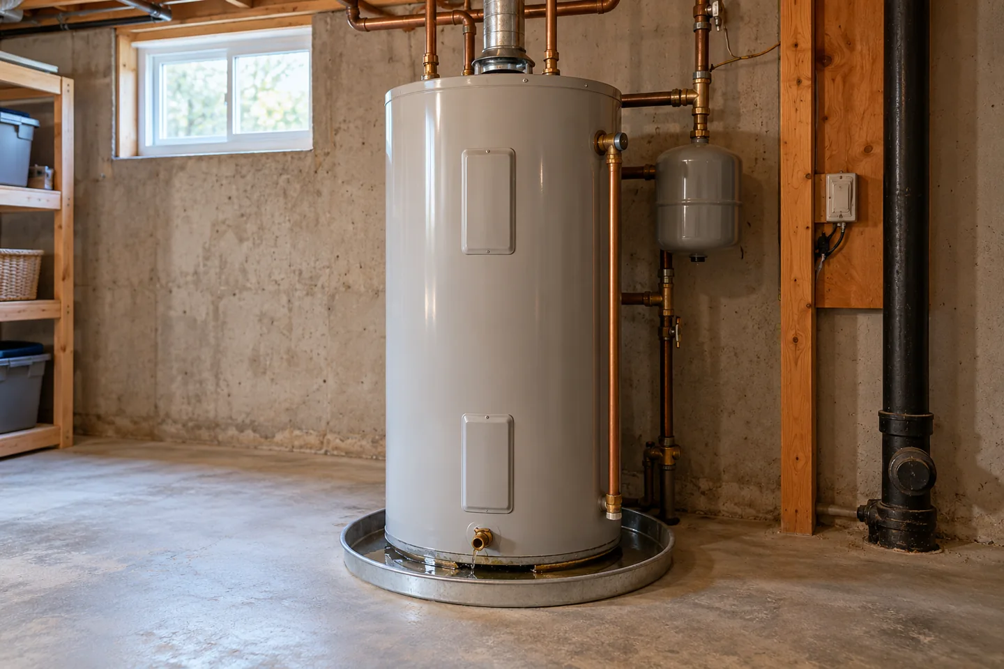 Illustrative water heater with moisture in the drain pan