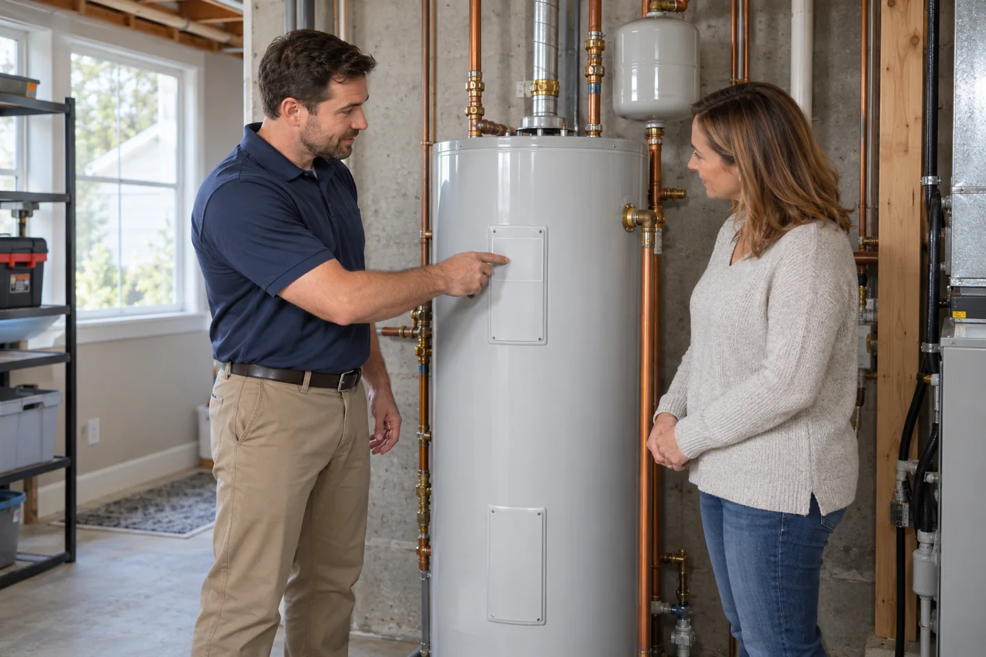Illustrative discussion beside a replacement tank water heater