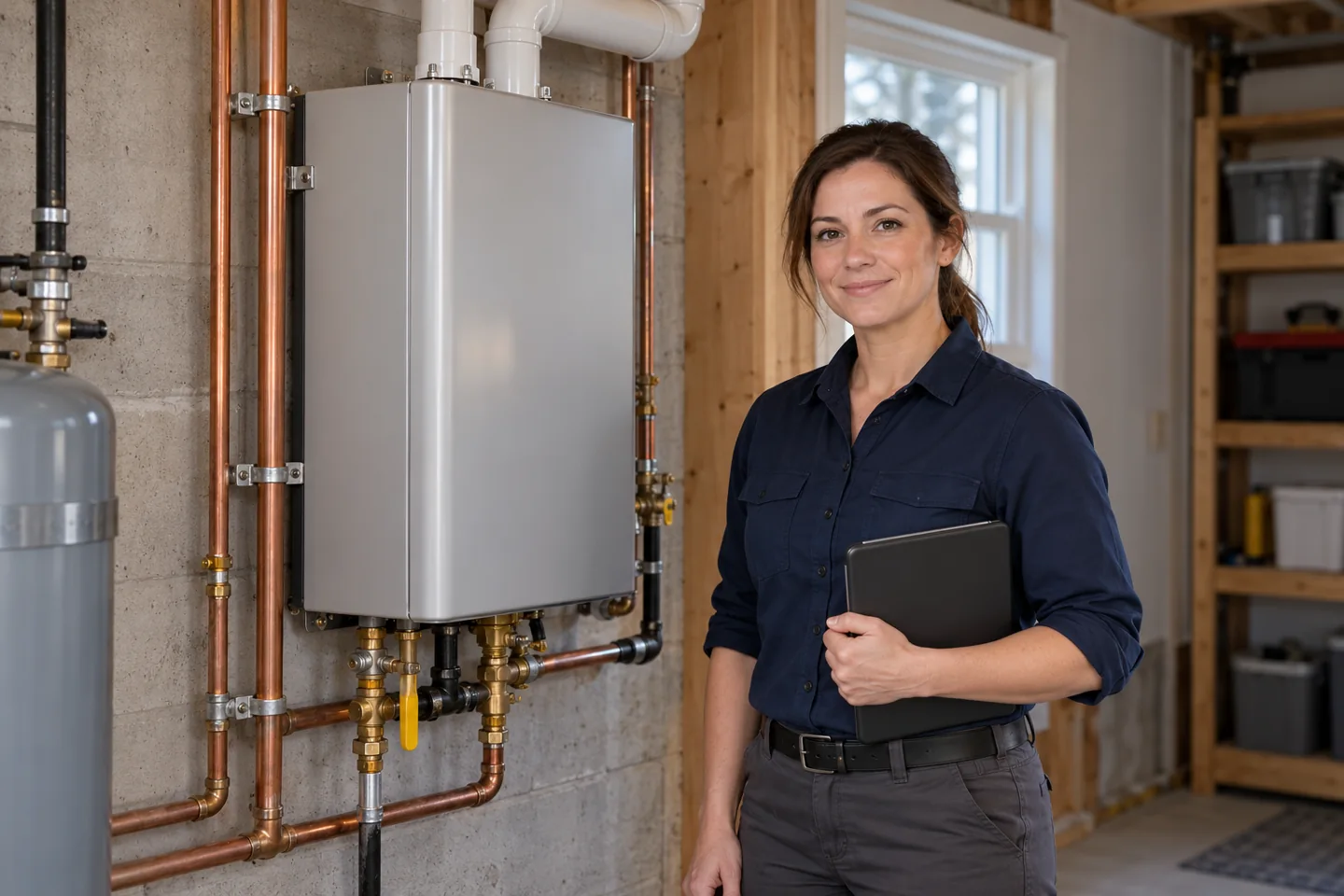 Illustrative professional beside a wall-mounted tankless water heater